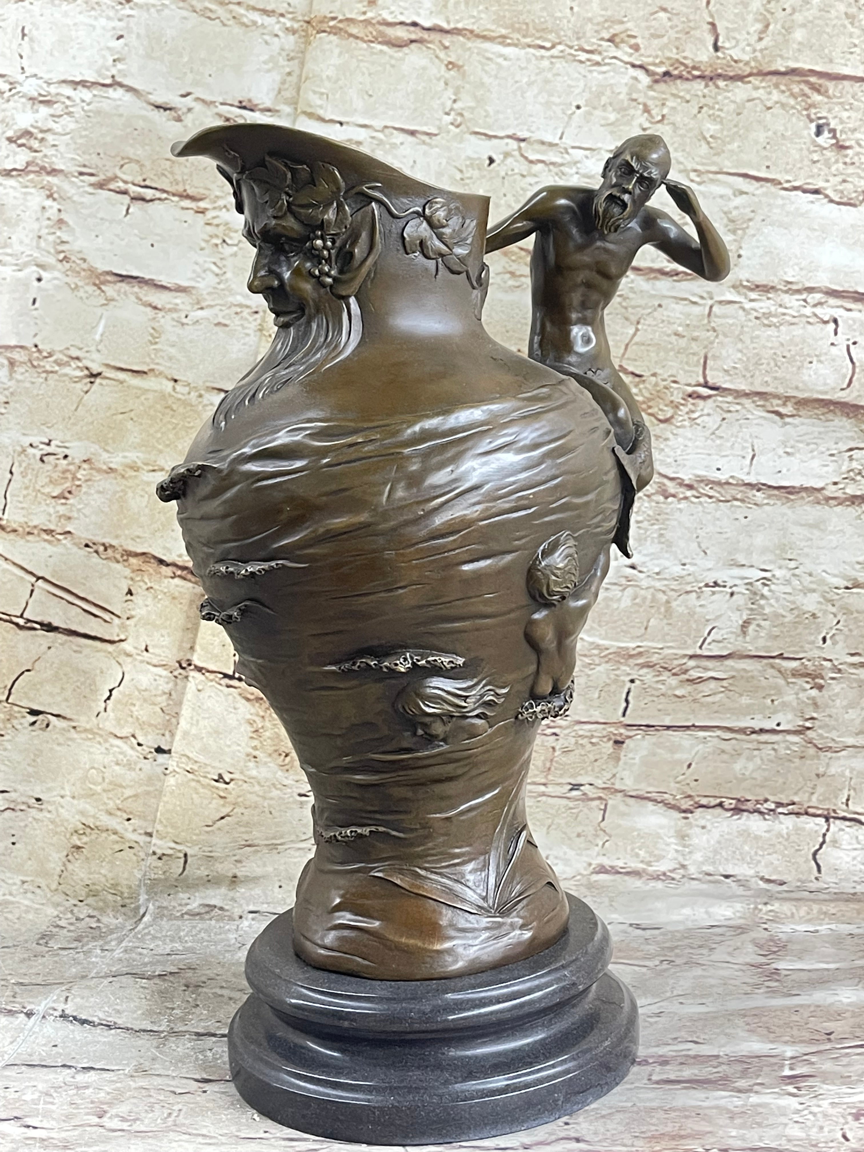 Poseidon Merman Mermaid Bacchus Bronze Jug Urn 14" x 10"