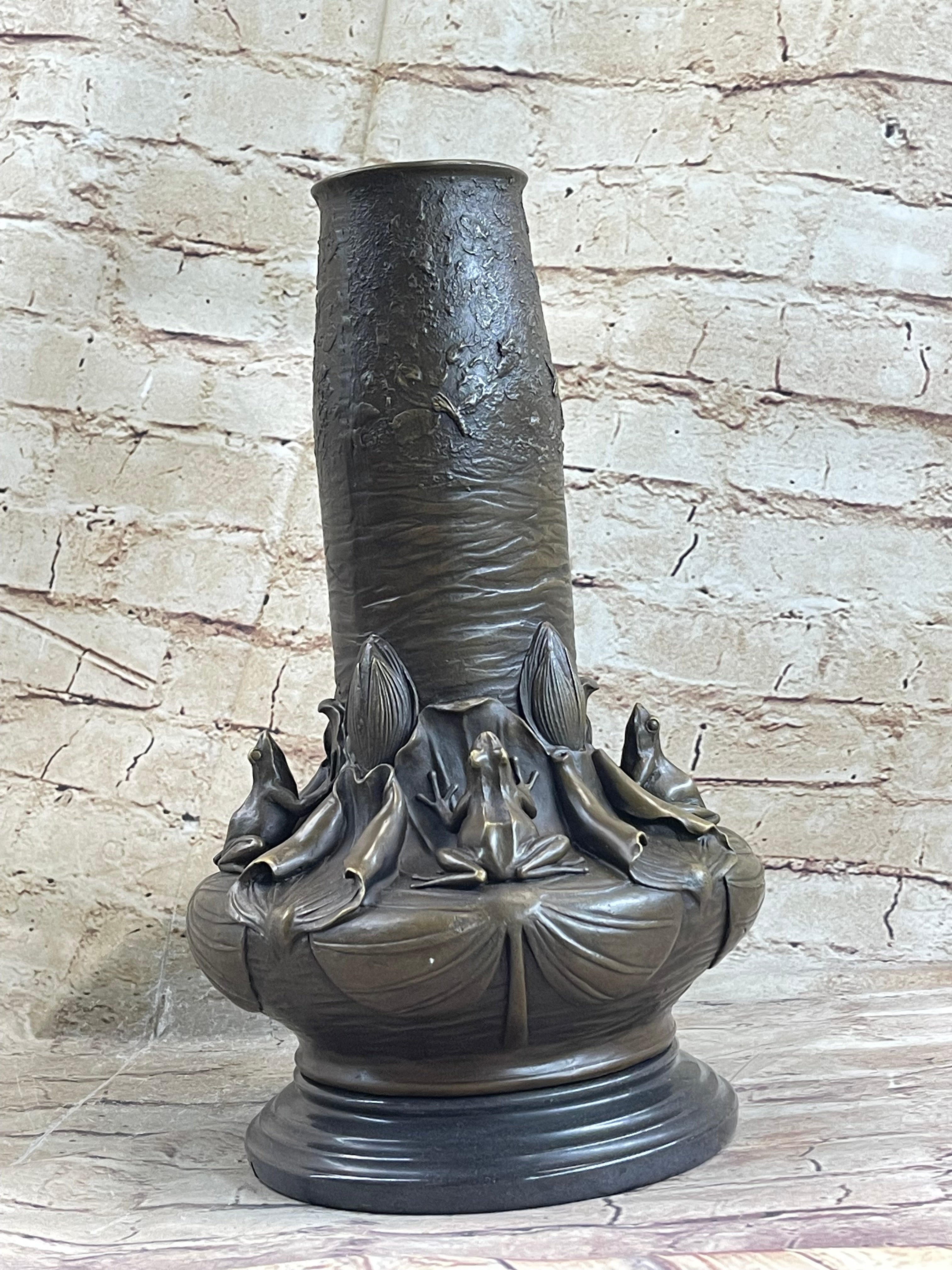 Bronze Vase w/ Frogs on Lilly Pads Signed Jean Bunand