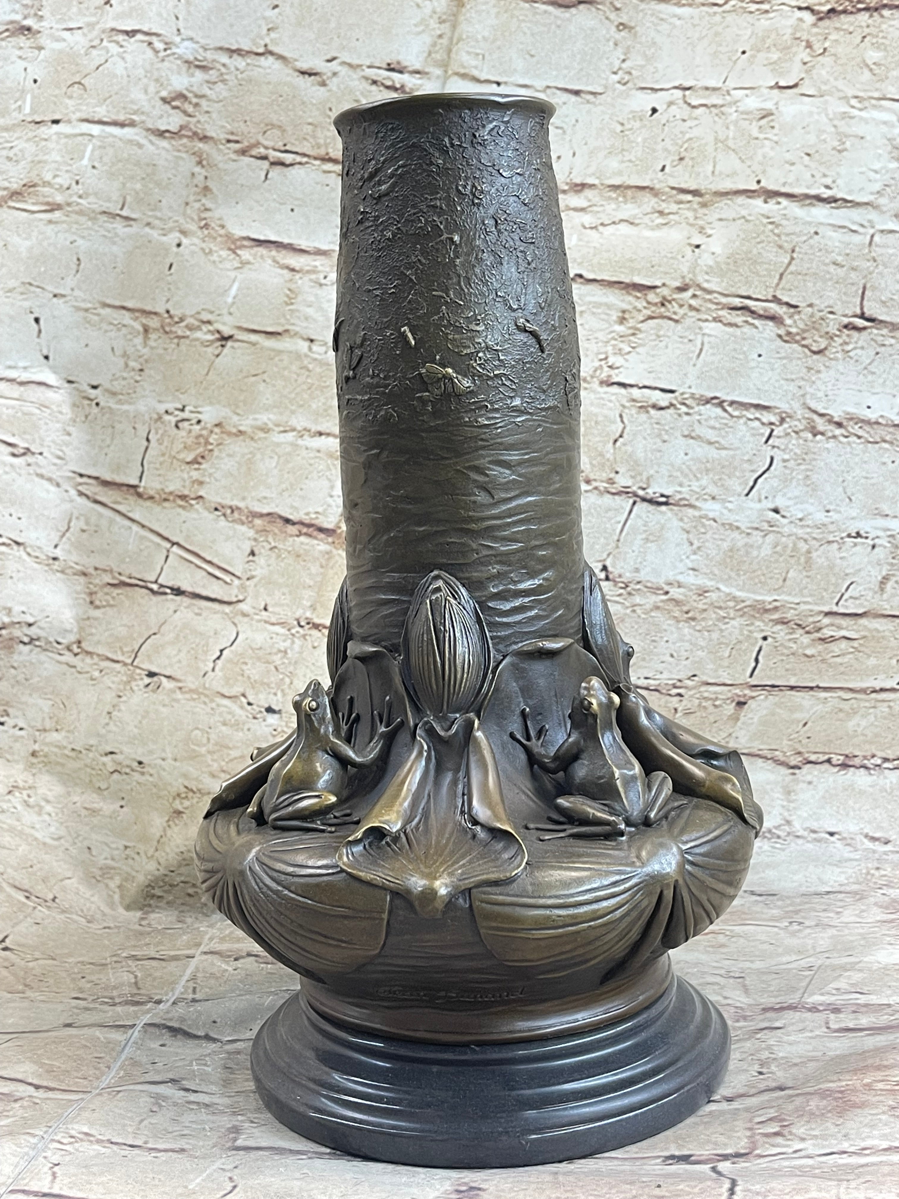 Bronze Vase w/ Frogs on Lilly Pads Signed Jean Bunand