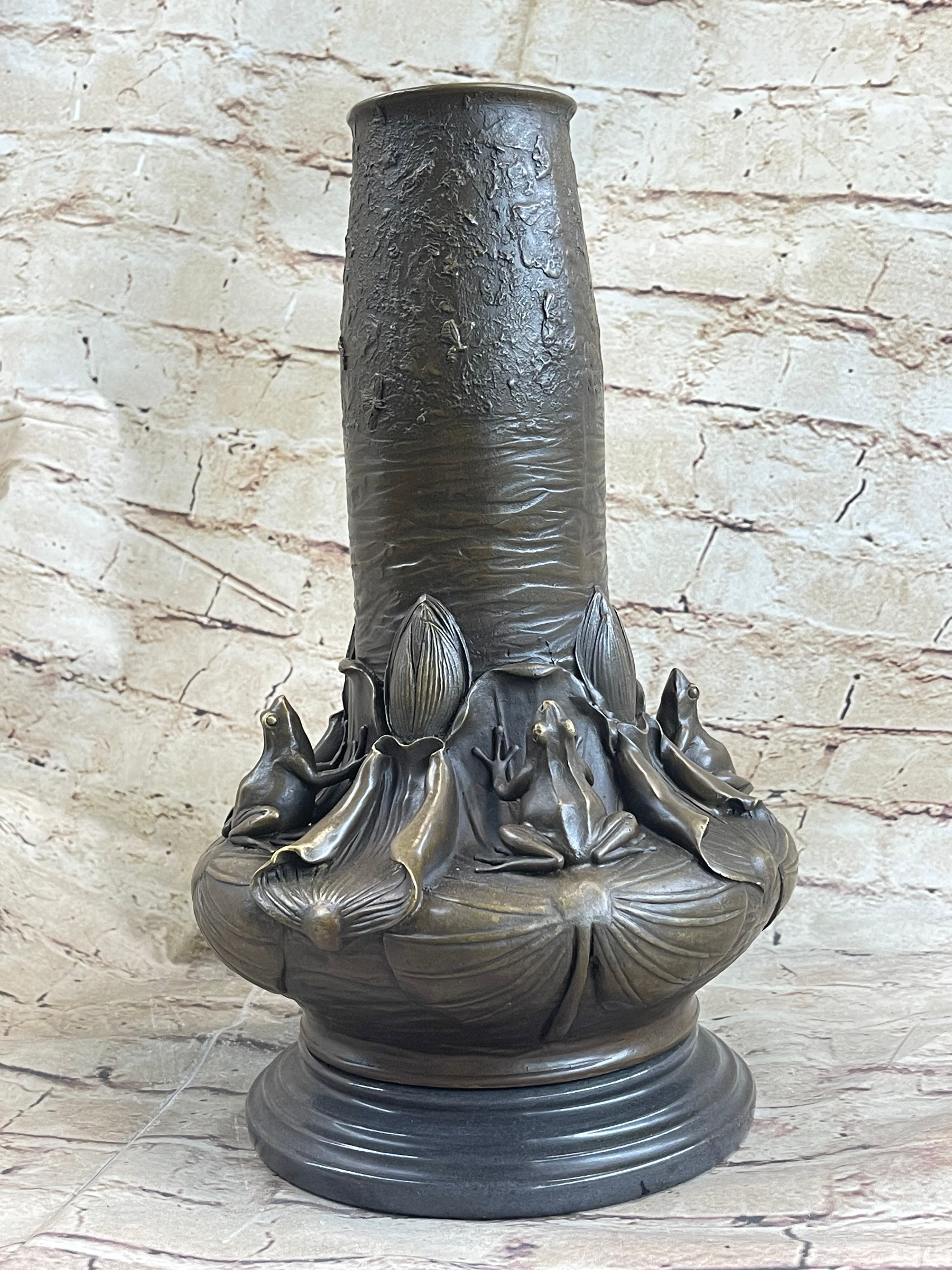 Bronze Vase w/ Frogs on Lilly Pads Signed Jean Bunand