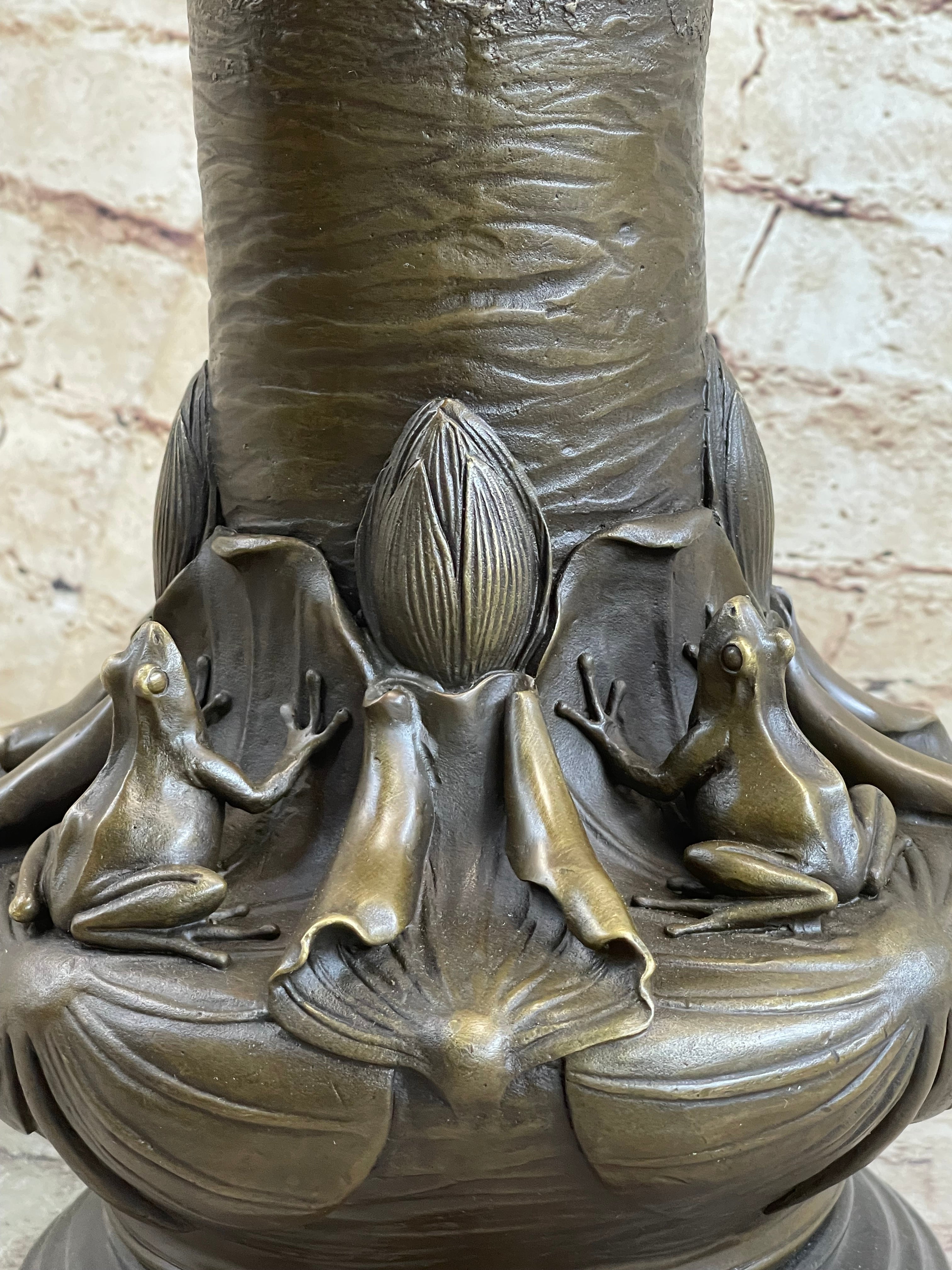 Bronze Vase w/ Frogs on Lilly Pads Signed Jean Bunand