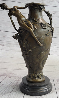 Floral Vase with Female Nymph Nude Figure Marble Base 16" x 10"