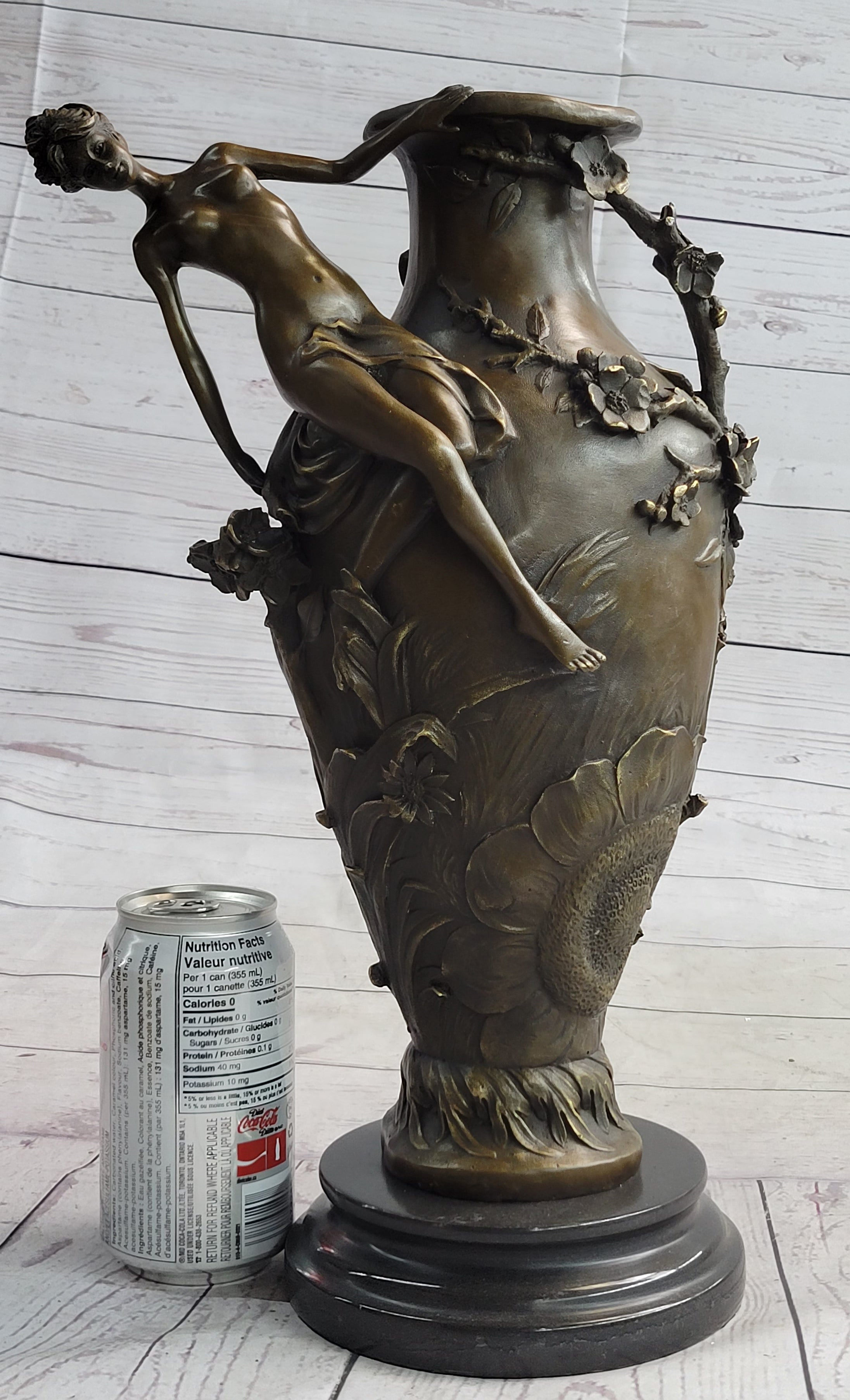 Floral Vase with Female Nymph Nude Figure Marble Base 16" x 10"