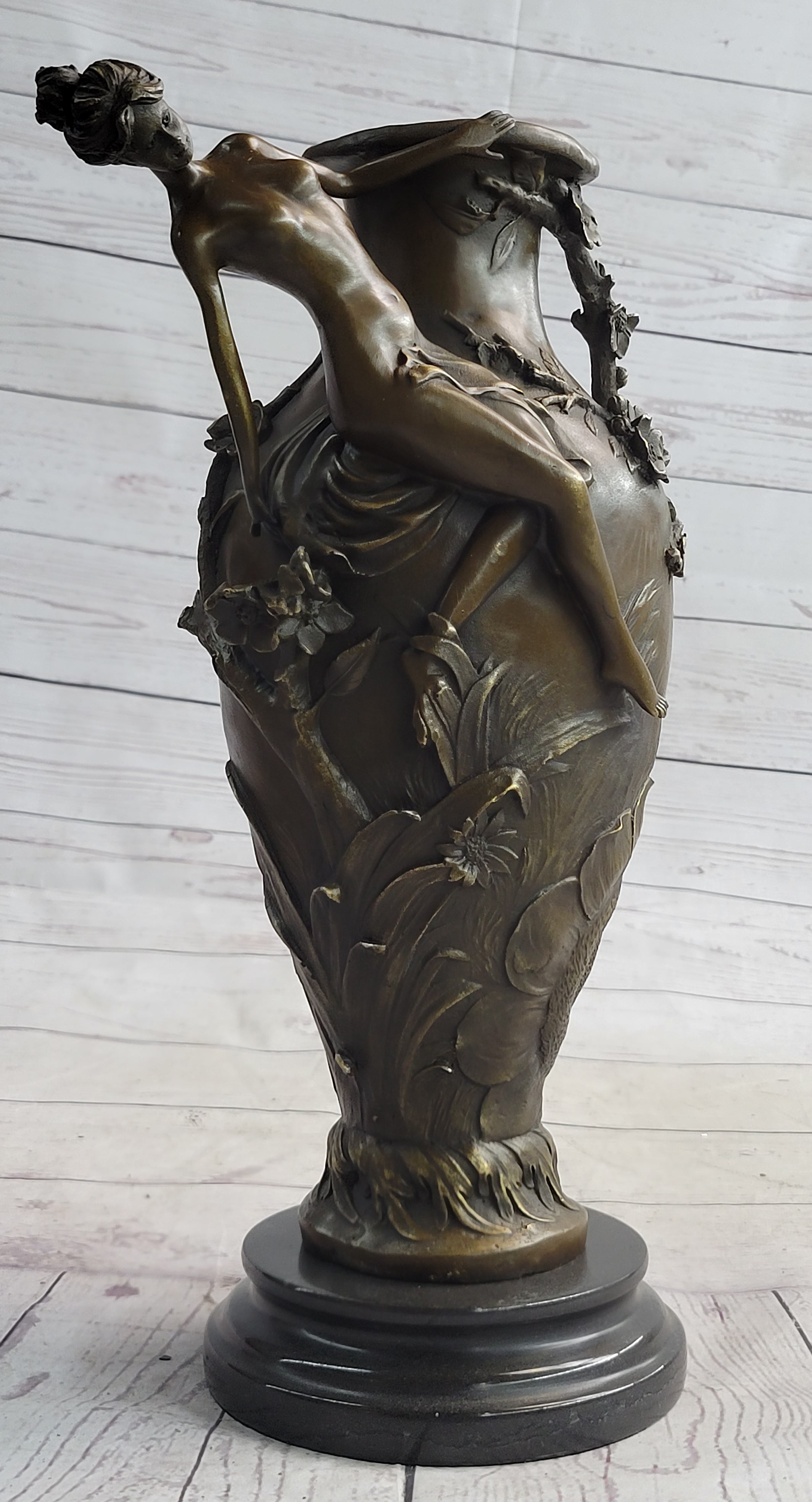 Floral Vase with Female Nymph Nude Figure Marble Base 16" x 10"