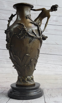 Floral Vase with Female Nymph Nude Figure Marble Base 16" x 10"