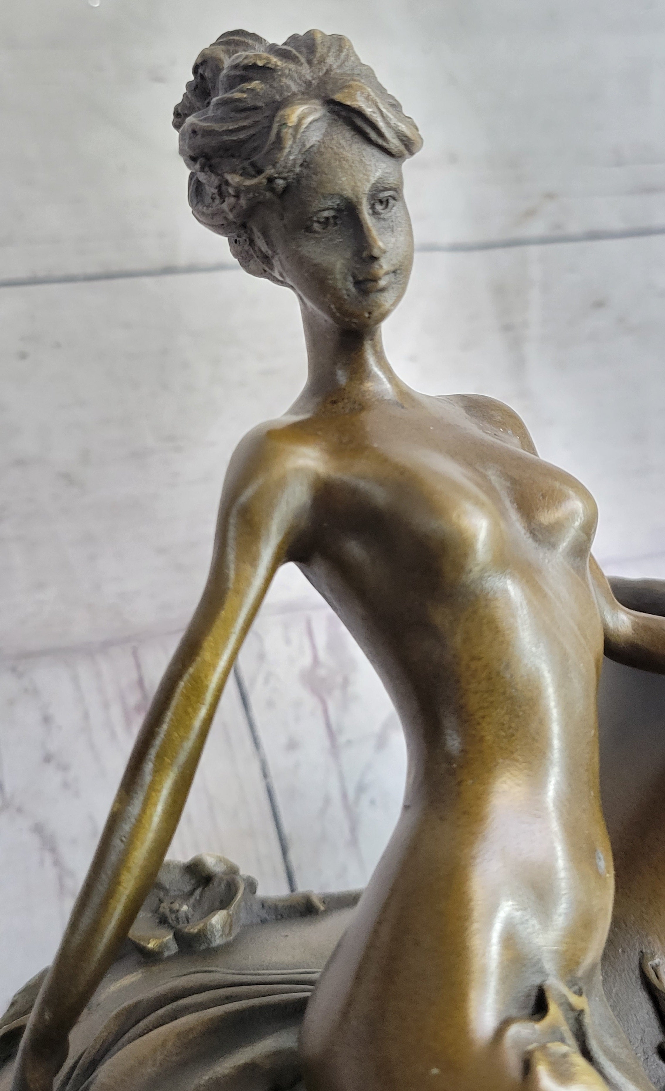 Floral Vase with Female Nymph Nude Figure Marble Base 16" x 10"