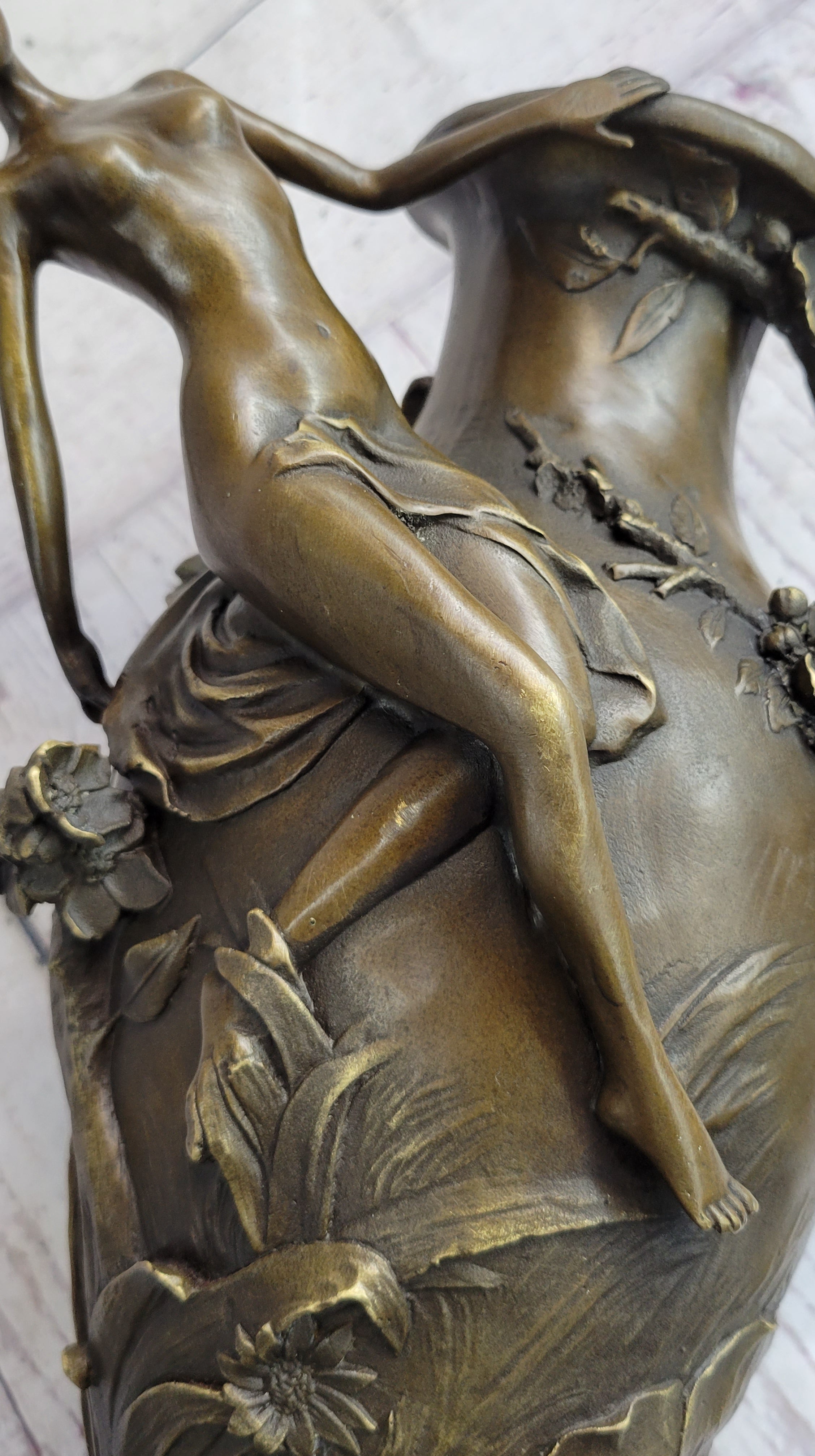 Floral Vase with Female Nymph Nude Figure Marble Base 16" x 10"