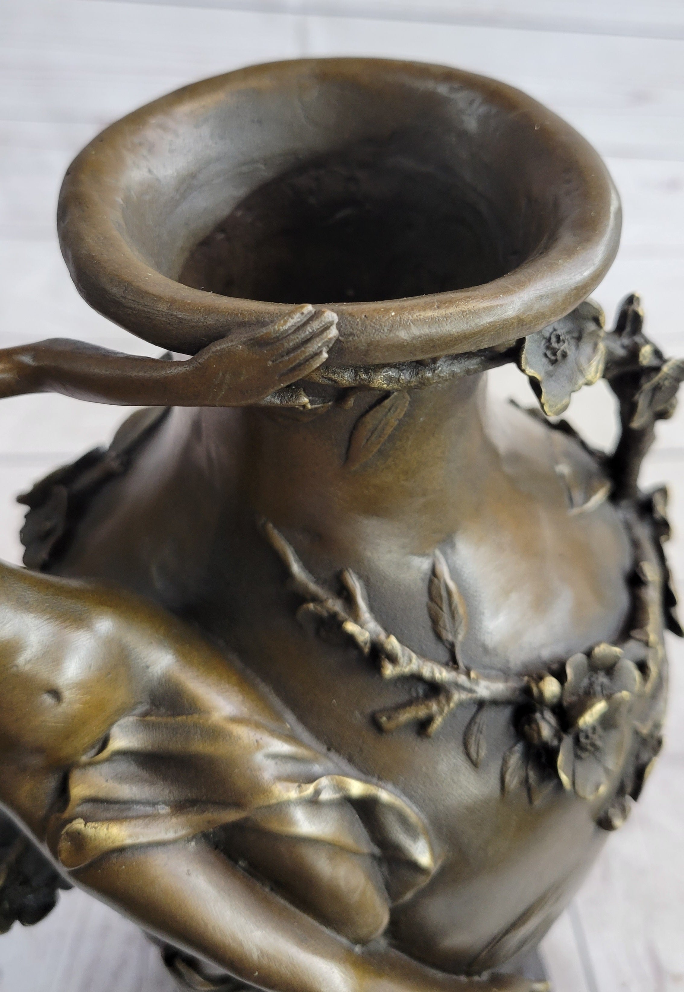 Floral Vase with Female Nymph Nude Figure Marble Base 16" x 10"