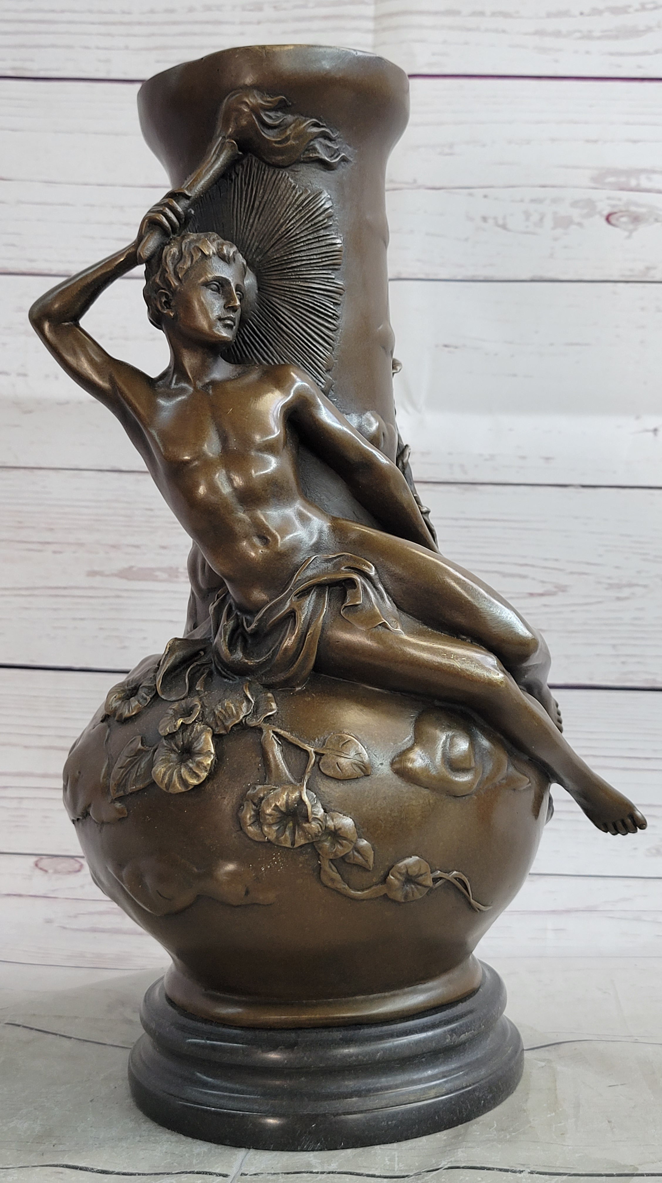 Figurative Nude Male Antique Vintage Style Vase on Marble Base