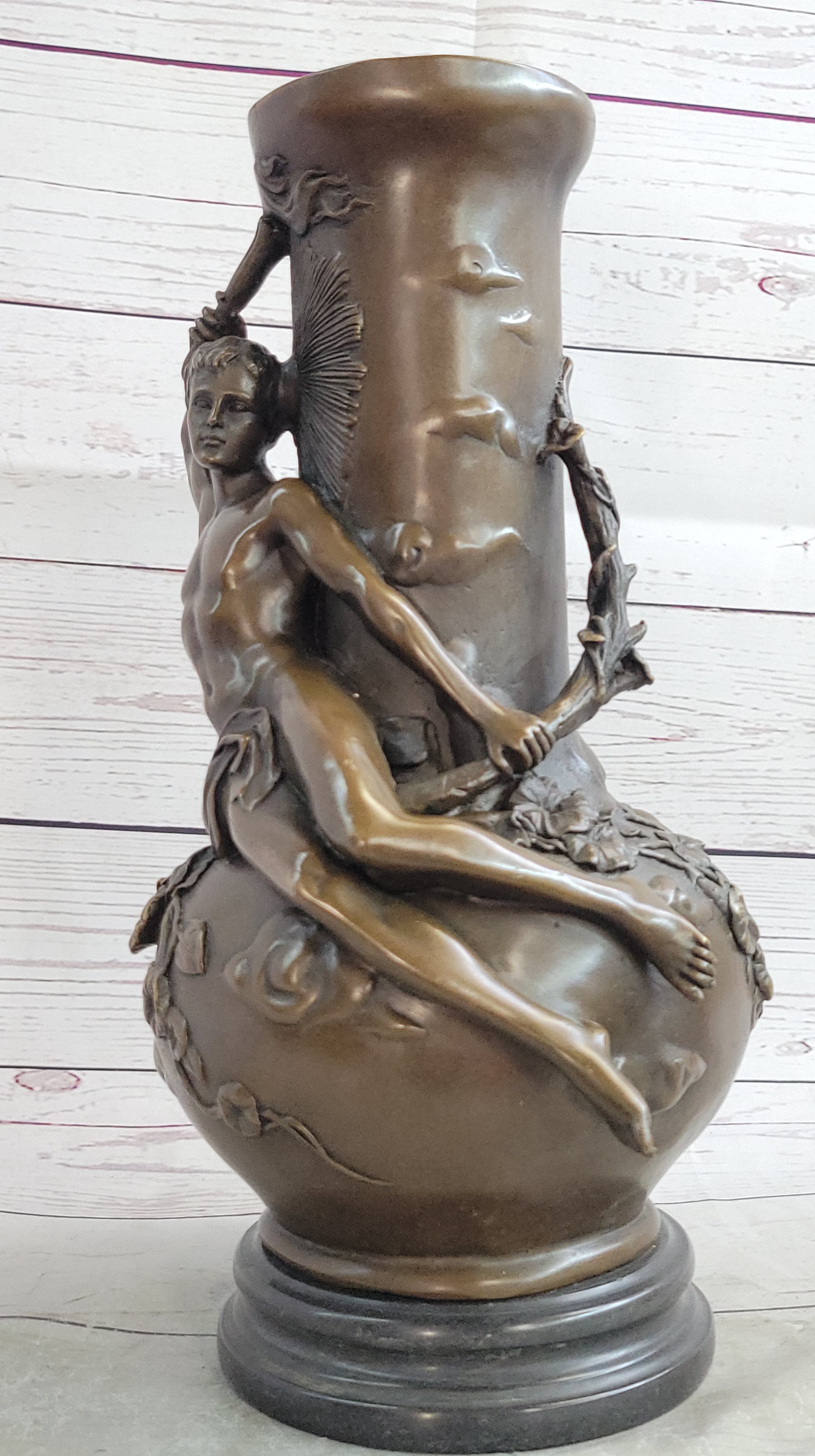 Figurative Nude Male Antique Vintage Style Vase on Marble Base