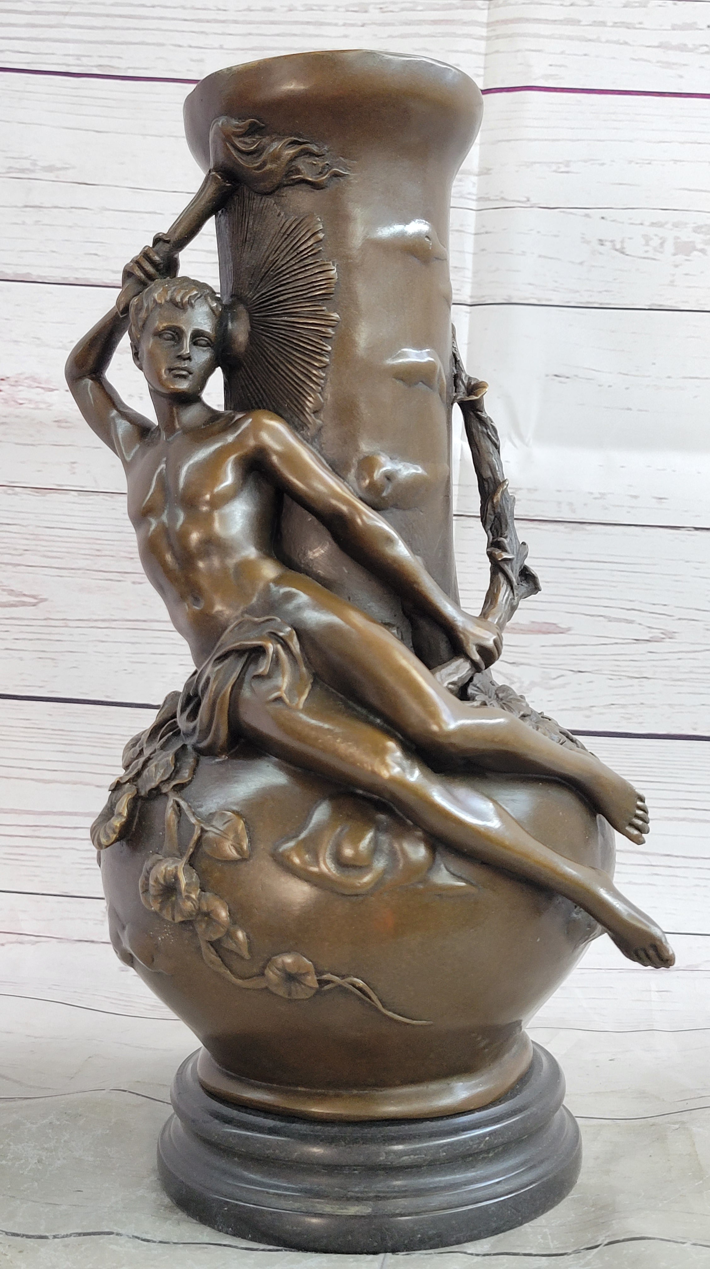 Figurative Nude Male Antique Vintage Style Vase on Marble Base
