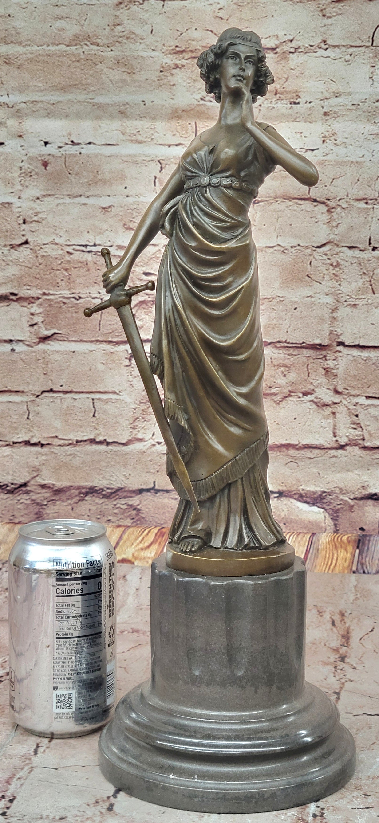 Bronze Lady Justice Sculpture with Sword and Draped Robe