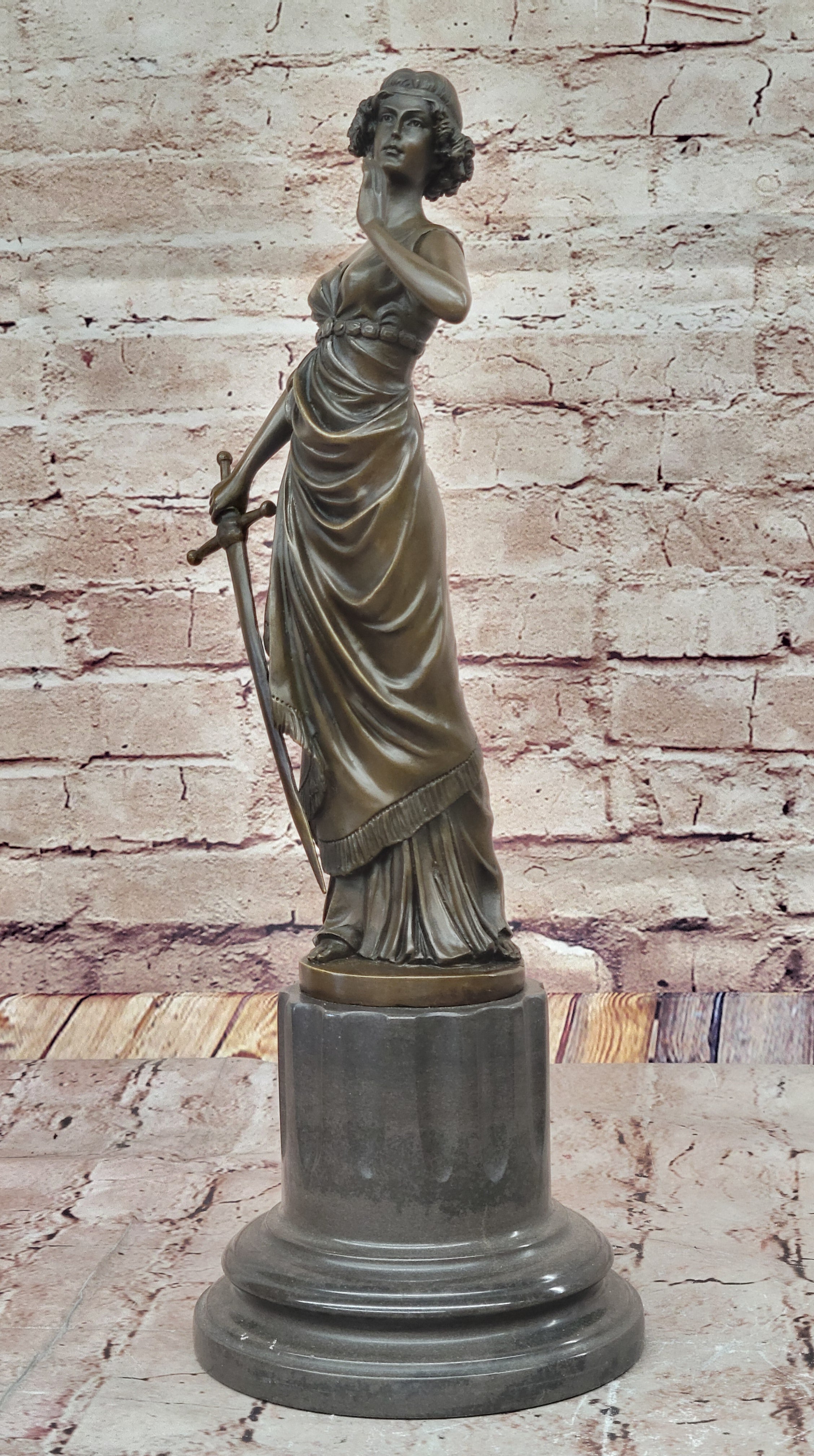 Bronze Lady Justice Sculpture with Sword and Draped Robe