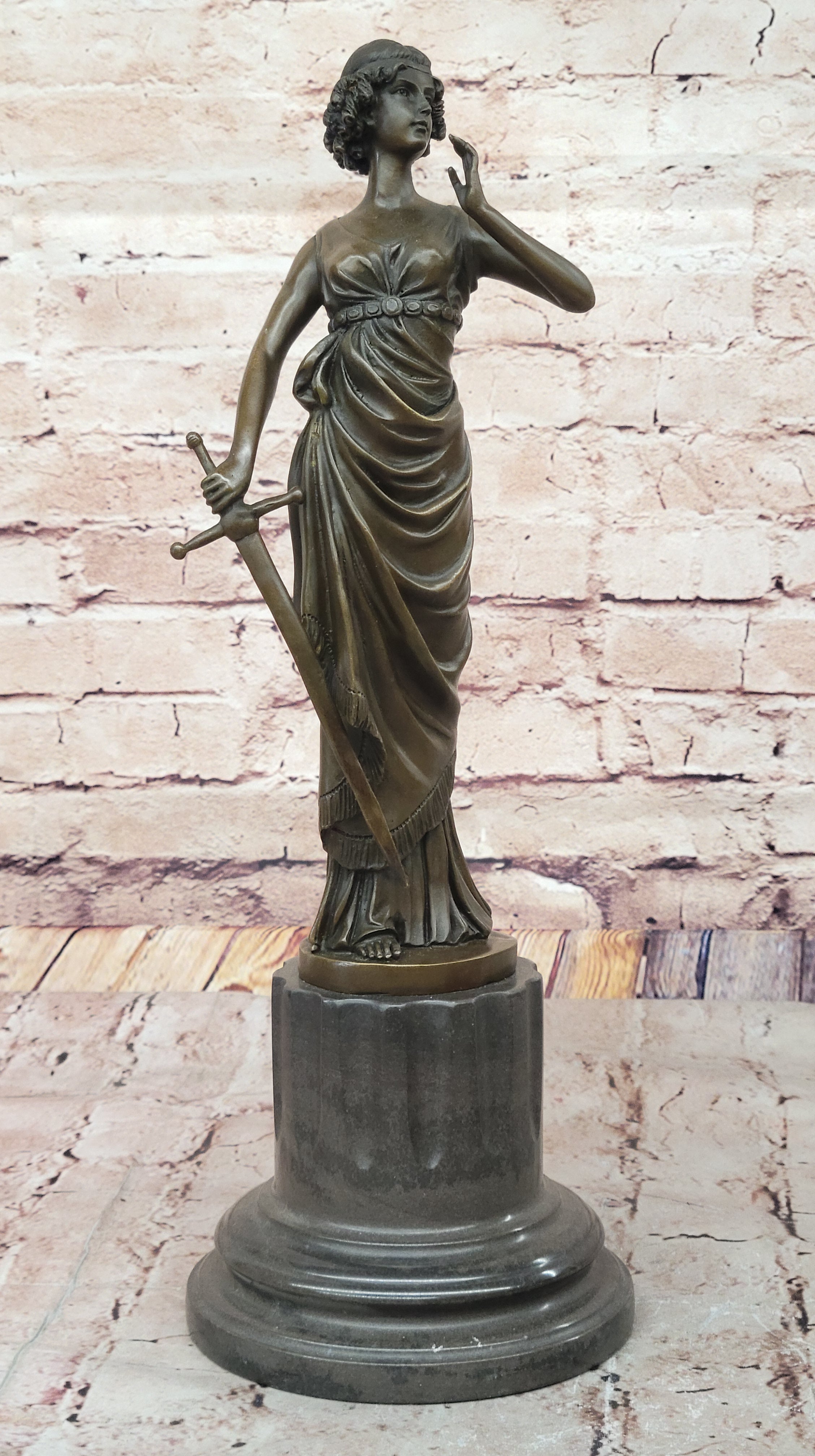 Bronze Lady Justice Sculpture with Sword and Draped Robe