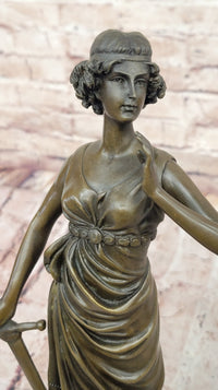 Bronze Lady Justice Sculpture with Sword and Draped Robe