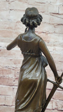 Bronze Lady Justice Sculpture with Sword and Draped Robe