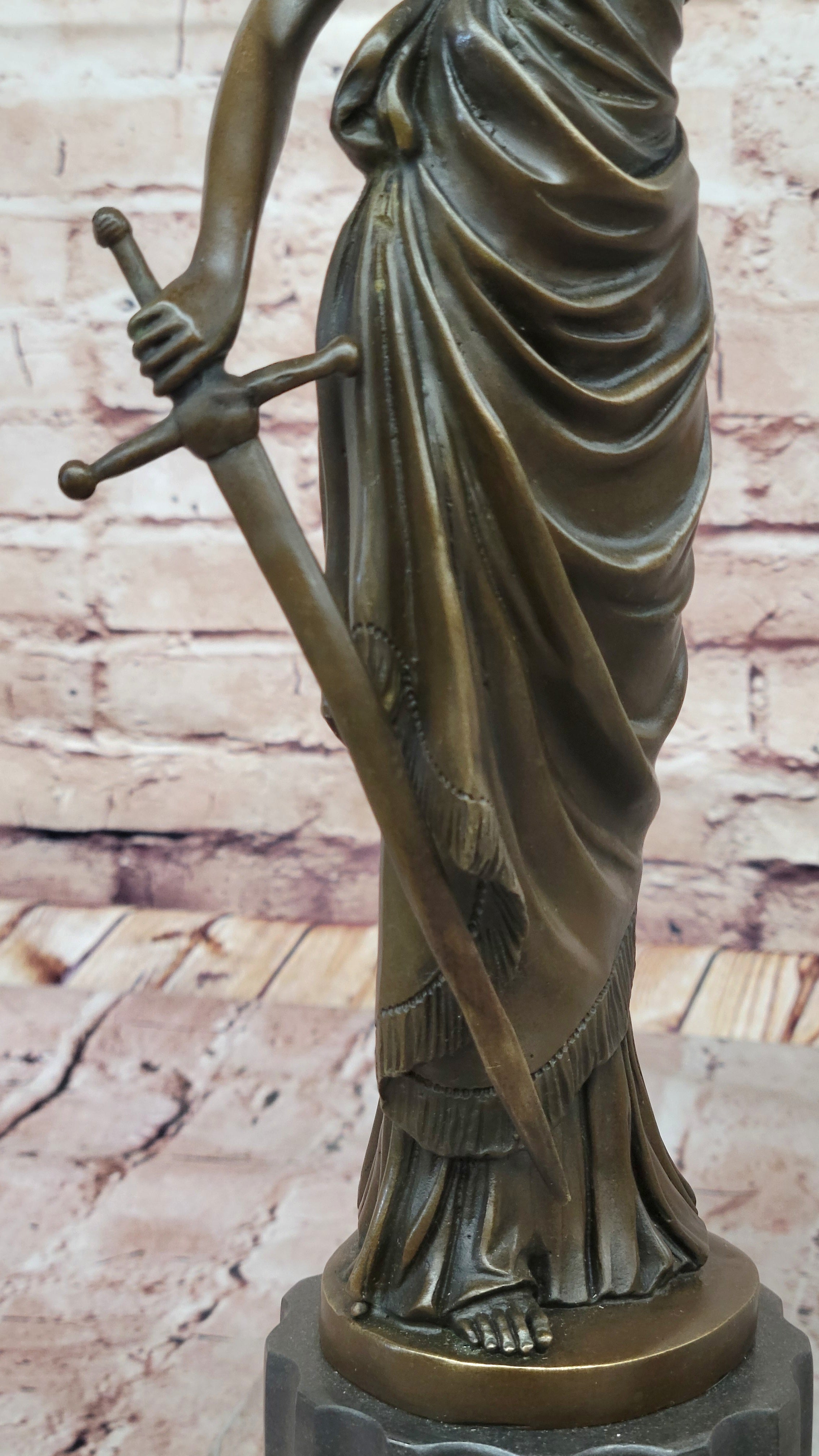 Bronze Lady Justice Sculpture with Sword and Draped Robe