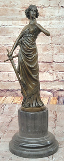 Bronze Lady Justice Sculpture with Sword and Draped Robe