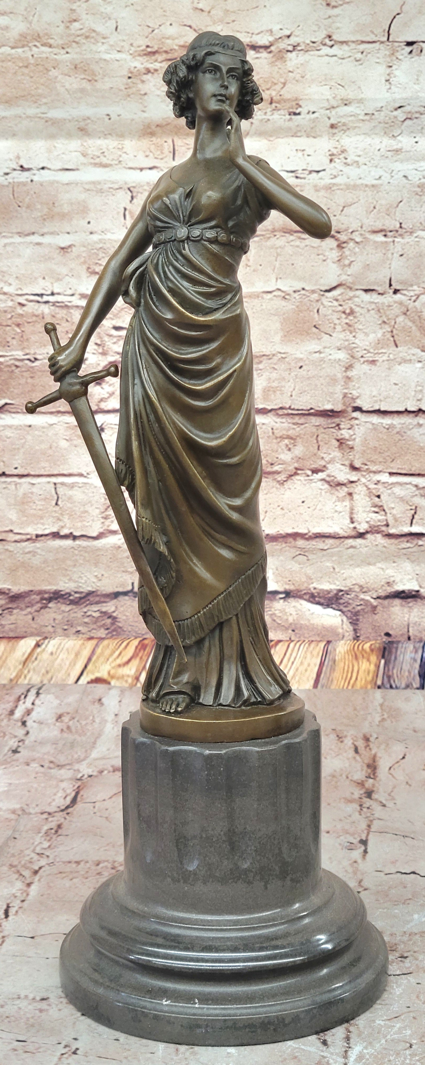 Bronze Lady Justice Sculpture with Sword and Draped Robe