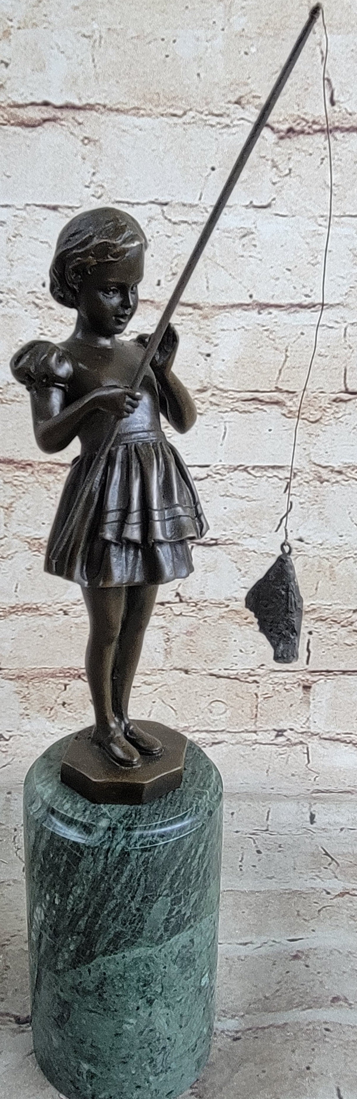 Little Girl Fishing - Bronze Metal Sculpture Art Deco by Preiss