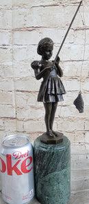 Little Girl Fishing - Bronze Metal Sculpture Art Deco by Preiss