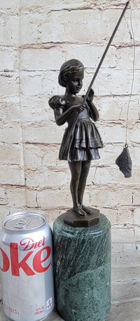 Little Girl Fishing - Bronze Metal Sculpture Art Deco by Preiss