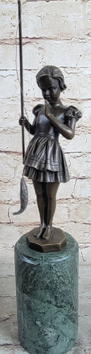 Little Girl Fishing - Bronze Metal Sculpture Art Deco by Preiss