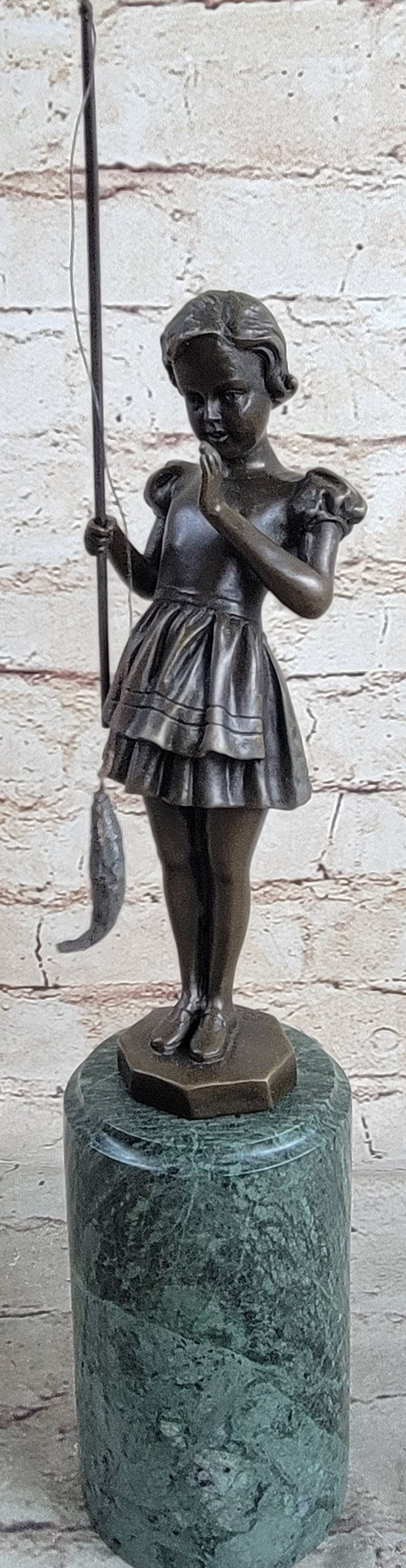 Little Girl Fishing - Bronze Metal Sculpture Art Deco by Preiss