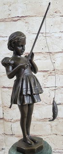 Little Girl Fishing - Bronze Metal Sculpture Art Deco by Preiss