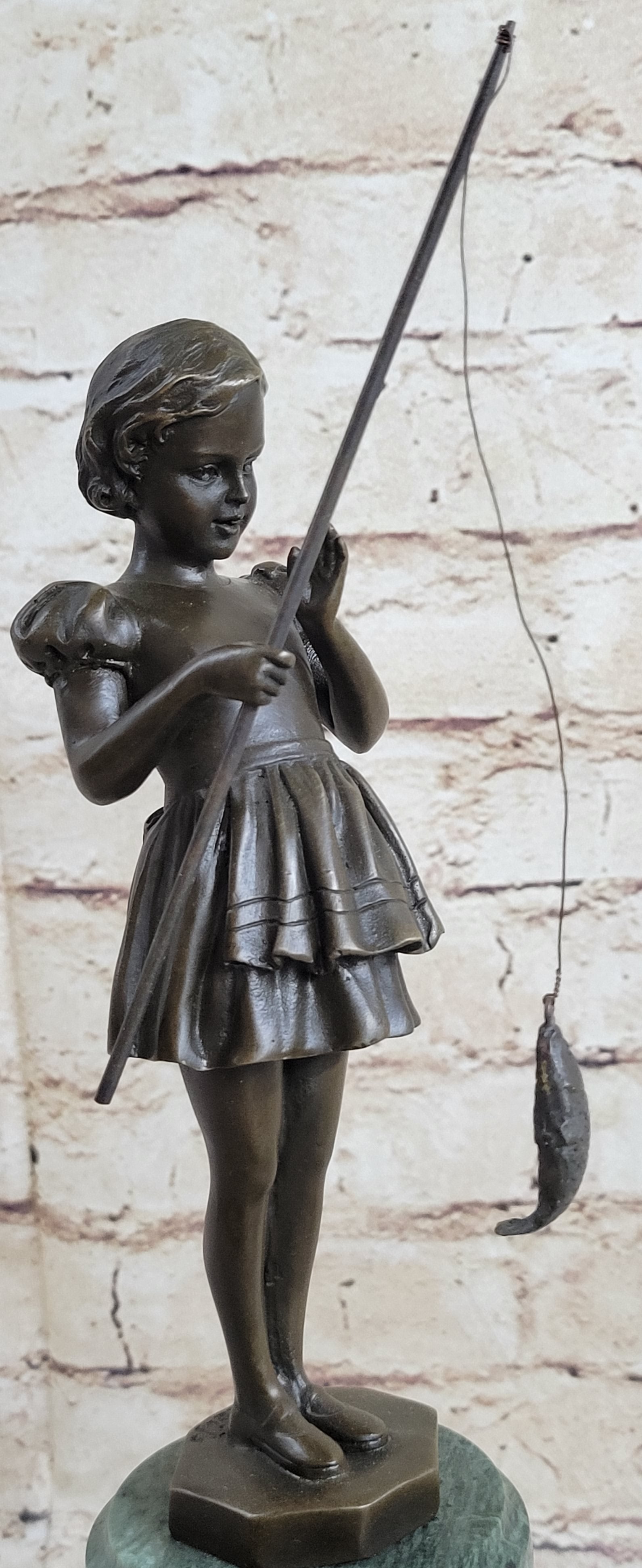 Little Girl Fishing - Bronze Metal Sculpture Art Deco by Preiss