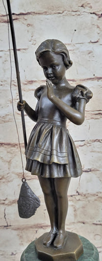 Little Girl Fishing - Bronze Metal Sculpture Art Deco by Preiss
