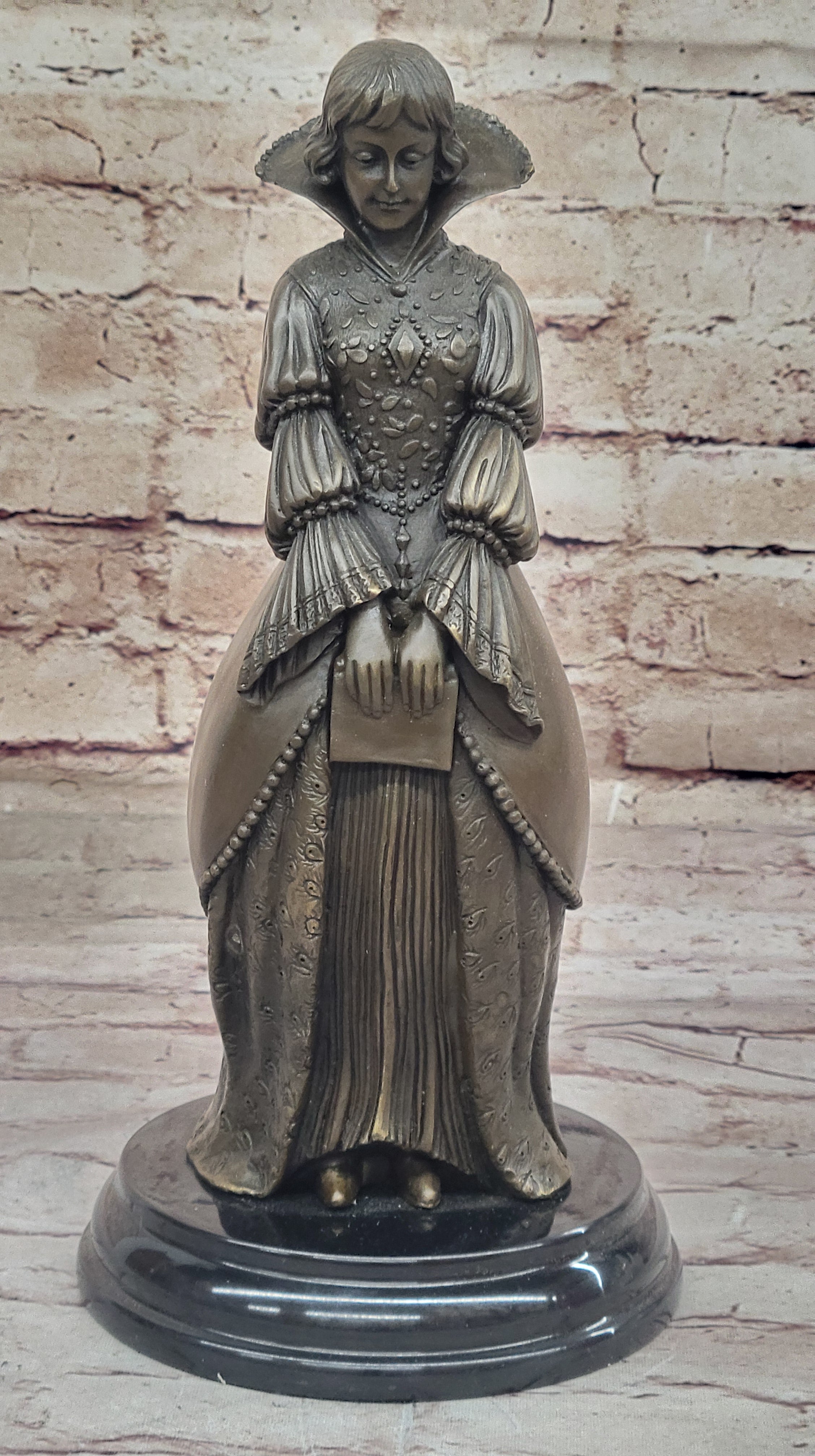Demure Modest Religious Woman Bronze Sculpture on Marble Base