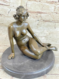 BRONZE STATUE OF YOUNG NUDE GIRL IN THOUGHT SCULPTURE FIGURINE