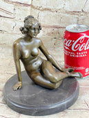 BRONZE STATUE OF YOUNG NUDE GIRL IN THOUGHT SCULPTURE FIGURINE