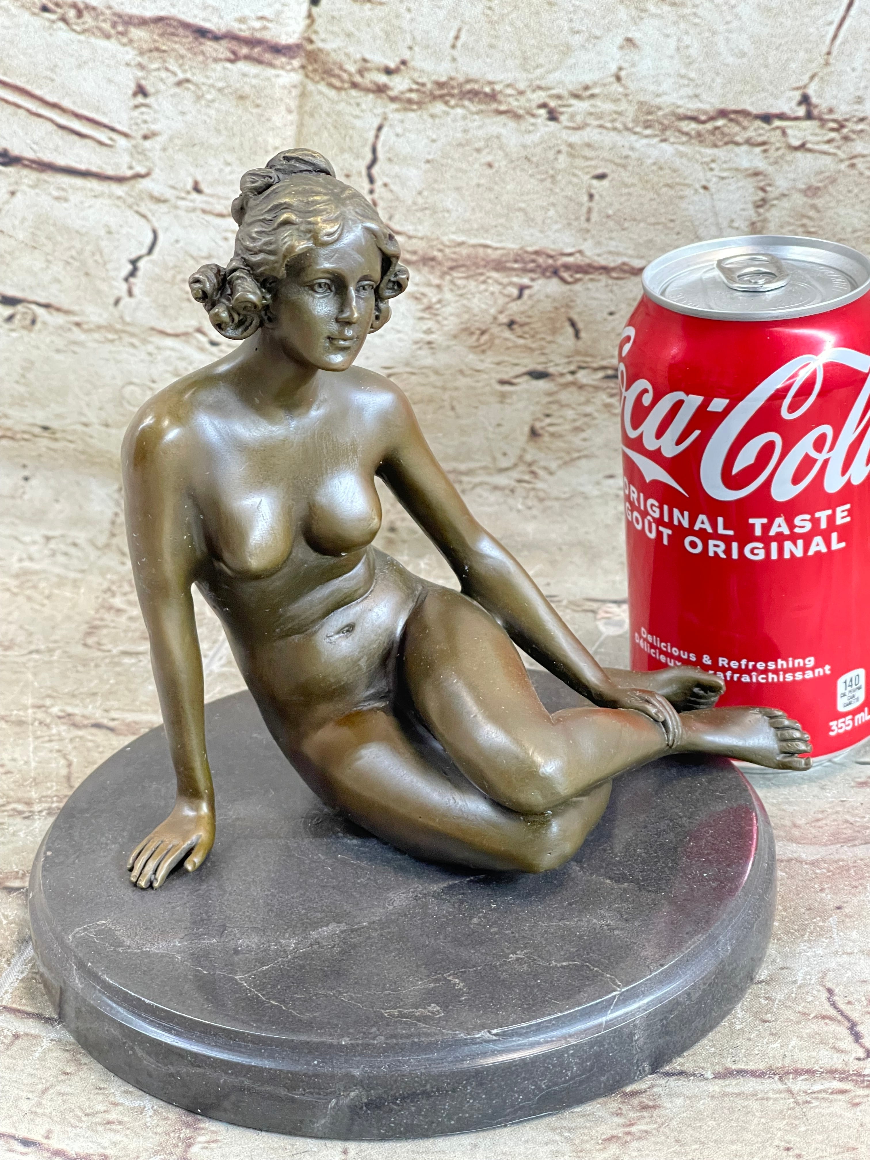BRONZE STATUE OF YOUNG NUDE GIRL IN THOUGHT SCULPTURE FIGURINE