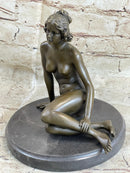 BRONZE STATUE OF YOUNG NUDE GIRL IN THOUGHT SCULPTURE FIGURINE