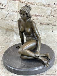 BRONZE STATUE OF YOUNG NUDE GIRL IN THOUGHT SCULPTURE FIGURINE