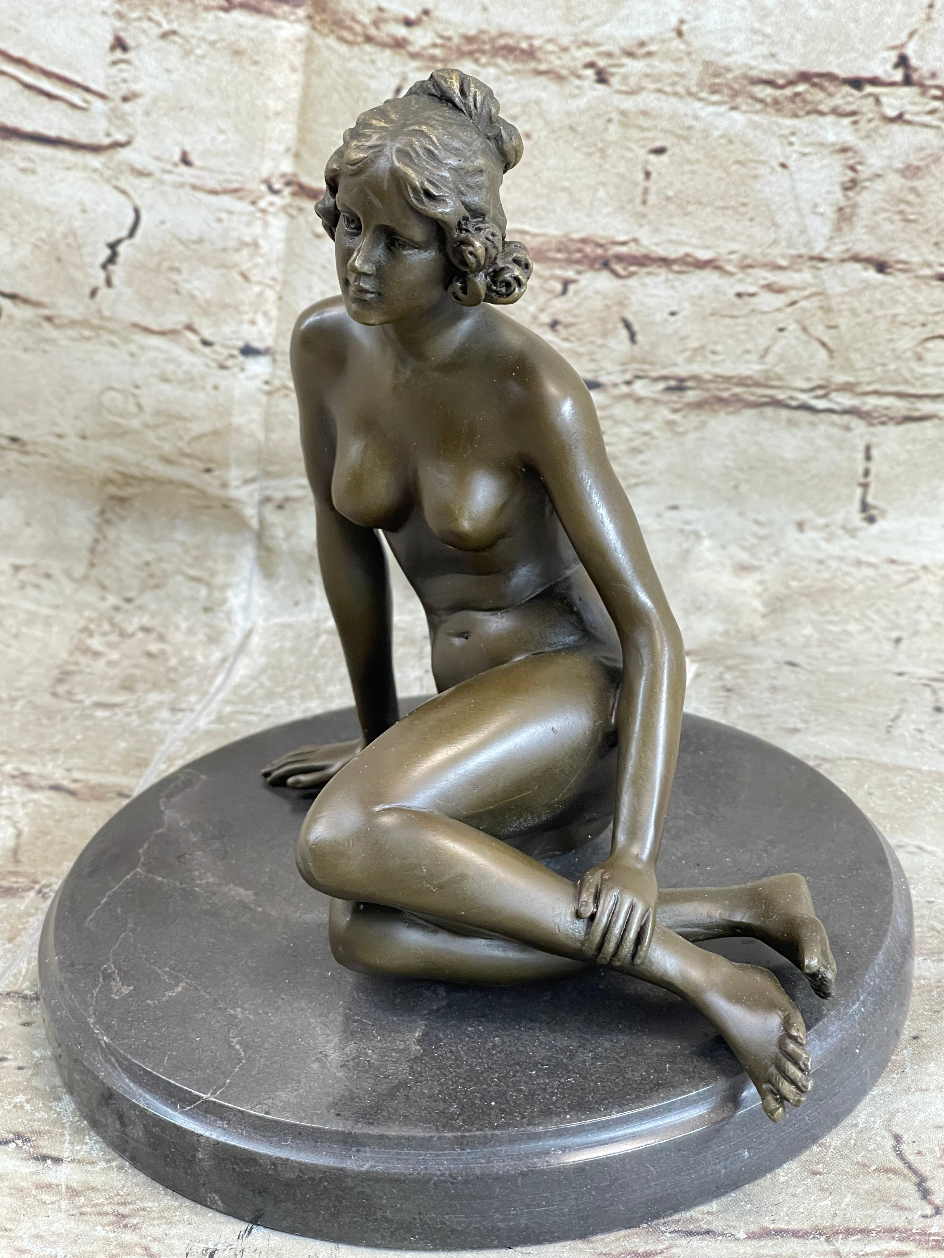 BRONZE STATUE OF YOUNG NUDE GIRL IN THOUGHT SCULPTURE FIGURINE