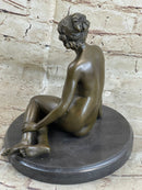 BRONZE STATUE OF YOUNG NUDE GIRL IN THOUGHT SCULPTURE FIGURINE
