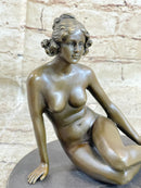 BRONZE STATUE OF YOUNG NUDE GIRL IN THOUGHT SCULPTURE FIGURINE