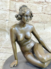 BRONZE STATUE OF YOUNG NUDE GIRL IN THOUGHT SCULPTURE FIGURINE