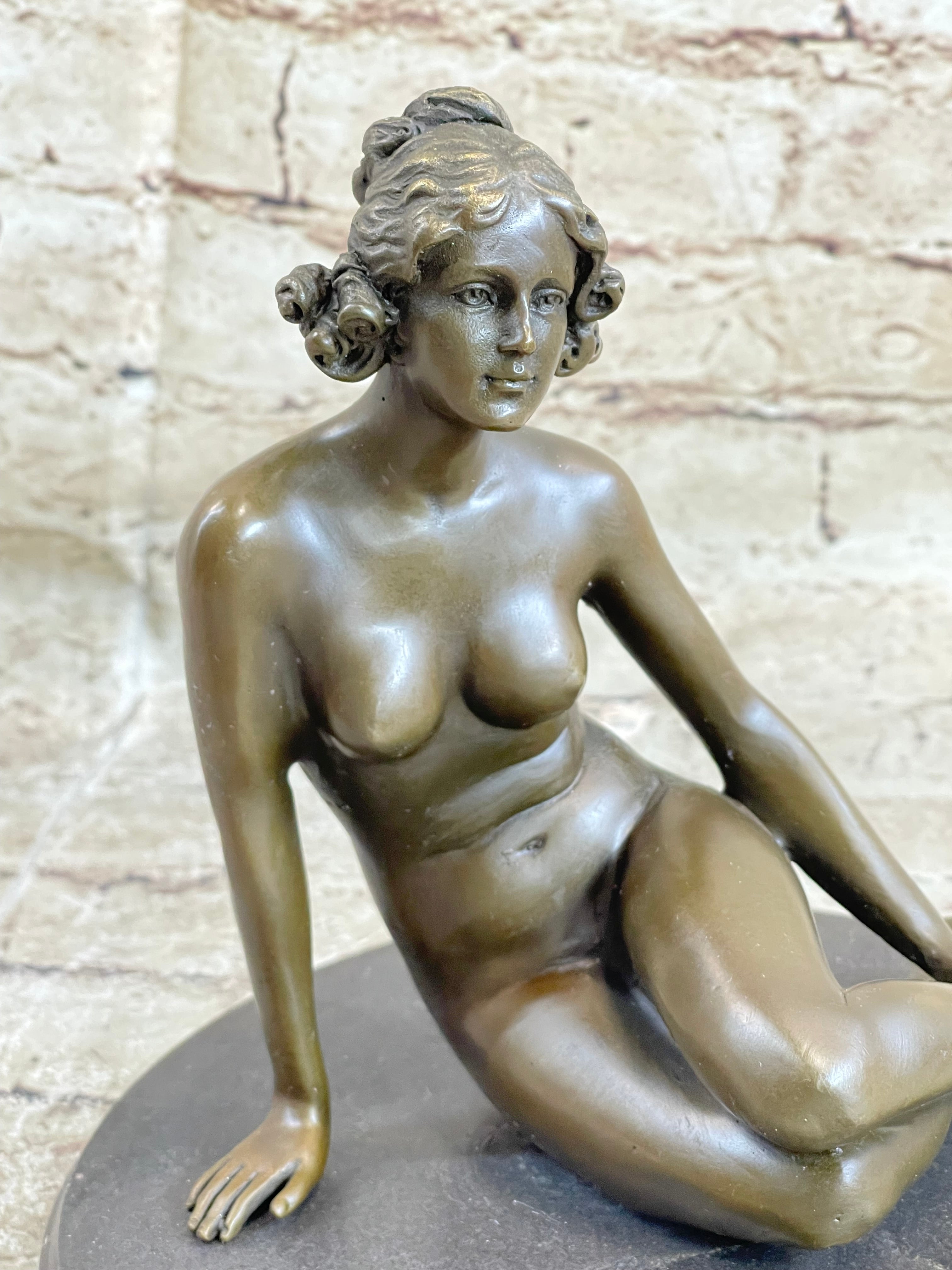 BRONZE STATUE OF YOUNG NUDE GIRL IN THOUGHT SCULPTURE FIGURINE