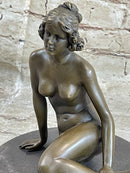 BRONZE STATUE OF YOUNG NUDE GIRL IN THOUGHT SCULPTURE FIGURINE