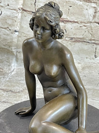 BRONZE STATUE OF YOUNG NUDE GIRL IN THOUGHT SCULPTURE FIGURINE