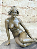 BRONZE STATUE OF YOUNG NUDE GIRL IN THOUGHT SCULPTURE FIGURINE