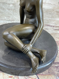 BRONZE STATUE OF YOUNG NUDE GIRL IN THOUGHT SCULPTURE FIGURINE
