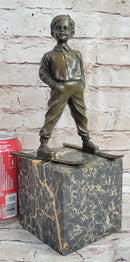 Little Boy on Skis Skiing Bronze Sculpture Statue Decor Art Figure on Marble Base