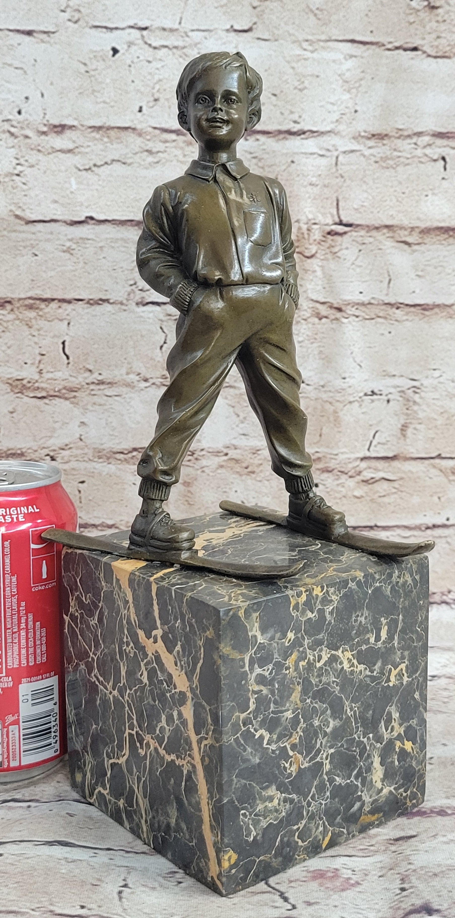 Little Boy on Skis Skiing Bronze Sculpture Statue Decor Art Figure on Marble Base