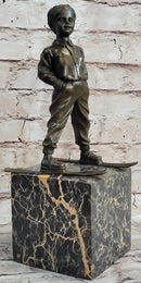 Little Boy on Skis Skiing Bronze Sculpture Statue Decor Art Figure on Marble Base