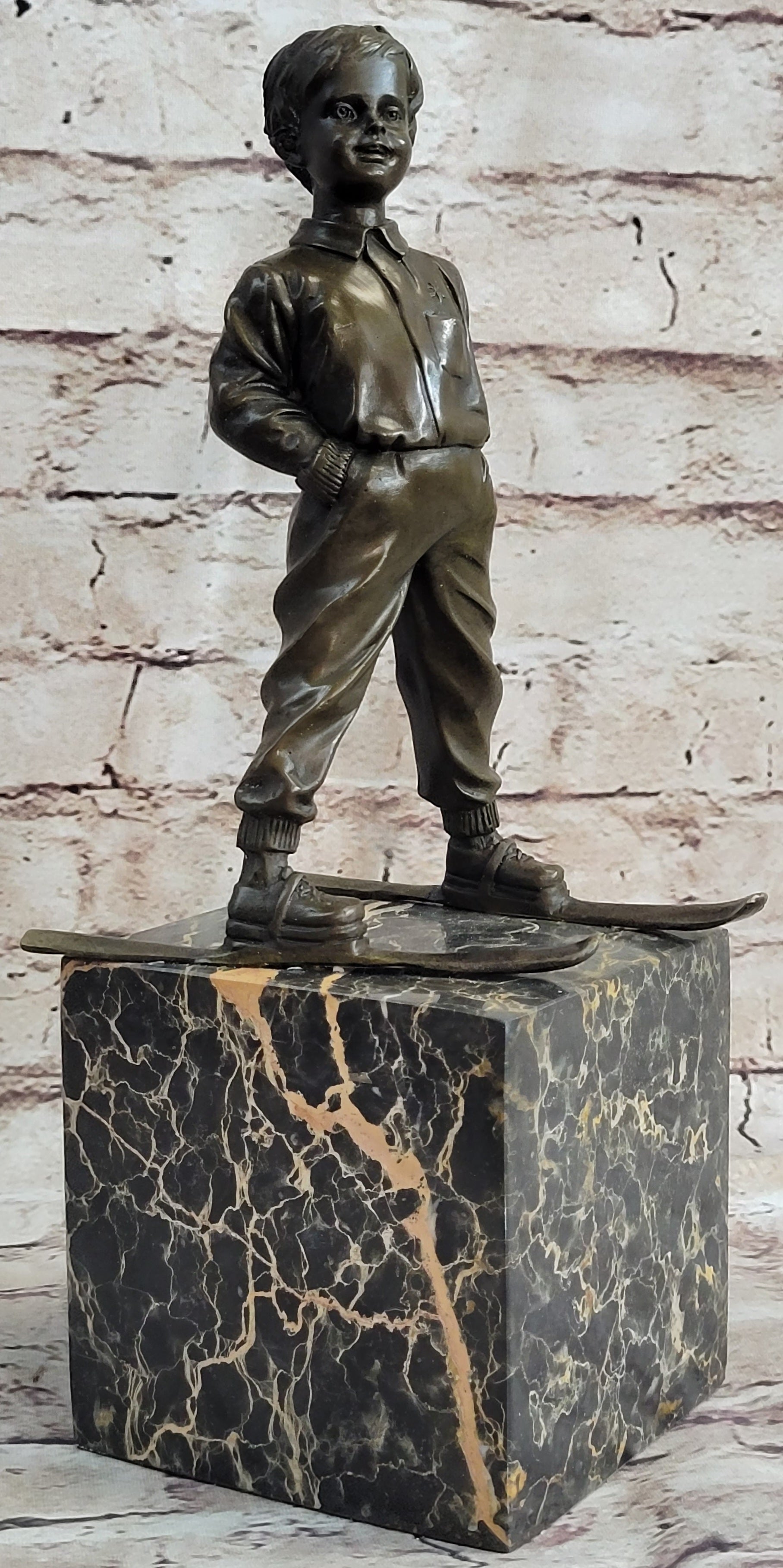 Little Boy on Skis Skiing Bronze Sculpture Statue Decor Art Figure on Marble Base